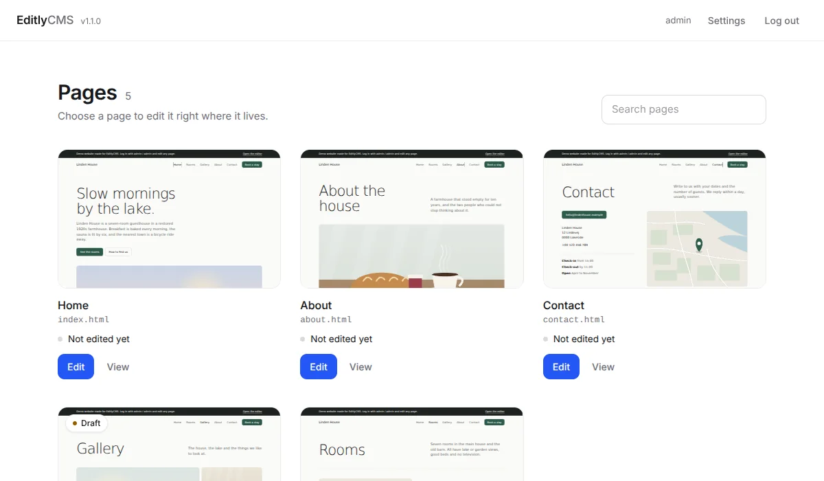 The Editly CMS dashboard showing five pages as cards with live previews