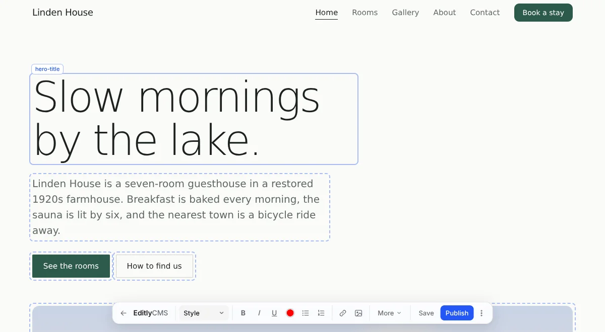 A page in edit mode with dashed outlines around editable regions and the toolbar at the bottom
