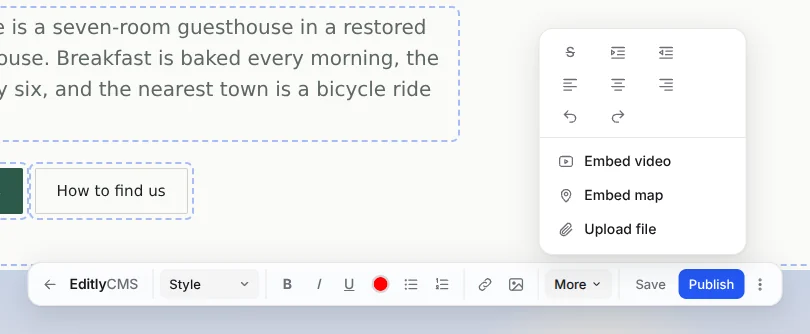 The More menu open above the toolbar, showing strikethrough, indent, alignment, undo and redo buttons and three embed options